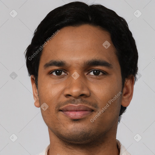 Neutral latino young-adult male with short  black hair and brown eyes