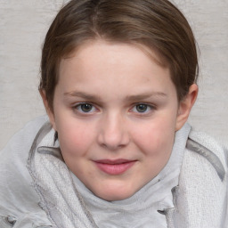 Joyful white child female with medium  brown hair and blue eyes