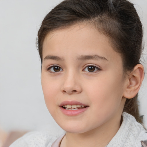 Joyful white child female with medium  brown hair and brown eyes