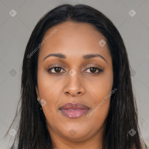 Joyful asian young-adult female with long  black hair and brown eyes