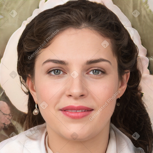 Joyful white young-adult female with medium  brown hair and green eyes