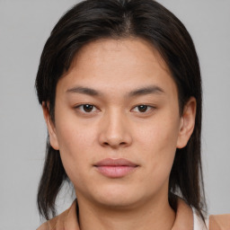 Neutral asian young-adult female with medium  brown hair and brown eyes