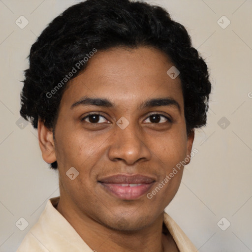 Joyful latino adult male with short  brown hair and brown eyes