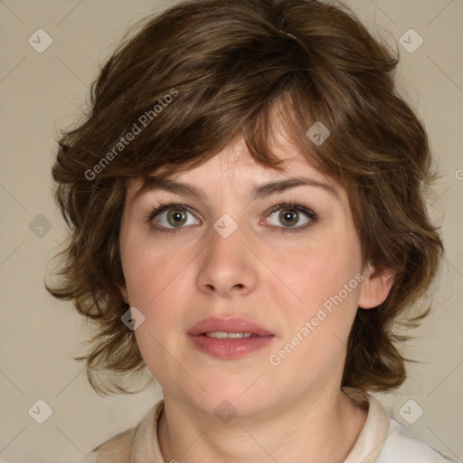 Joyful white young-adult female with medium  brown hair and blue eyes