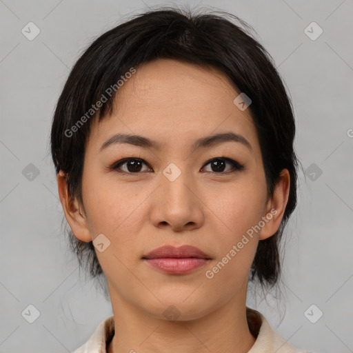 Neutral asian young-adult female with medium  brown hair and brown eyes