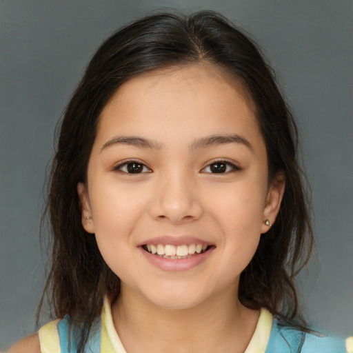 Joyful white child female with medium  brown hair and brown eyes