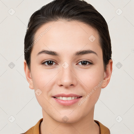 Joyful white young-adult female with short  brown hair and brown eyes