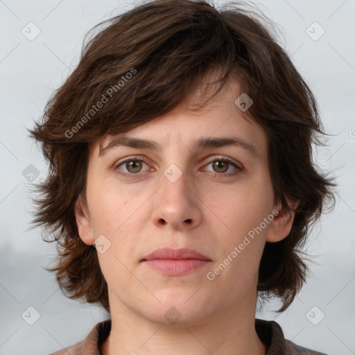 Neutral white young-adult female with medium  brown hair and brown eyes