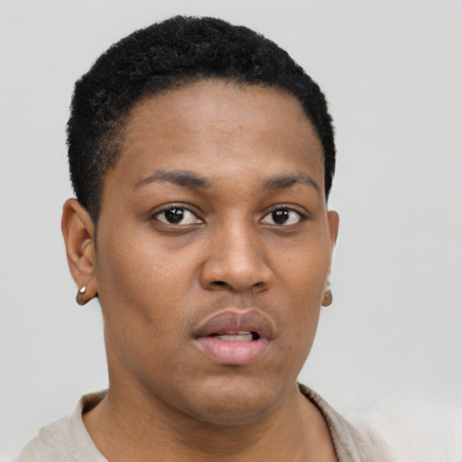 Neutral black young-adult female with short  black hair and brown eyes