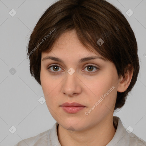 Neutral white young-adult female with medium  brown hair and brown eyes