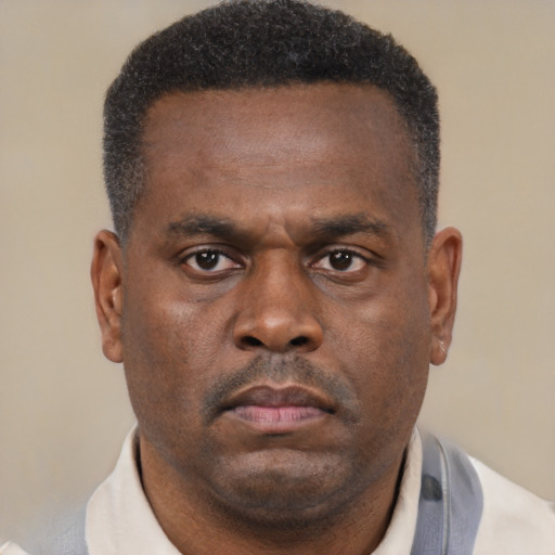 Neutral black adult male with short  brown hair and brown eyes
