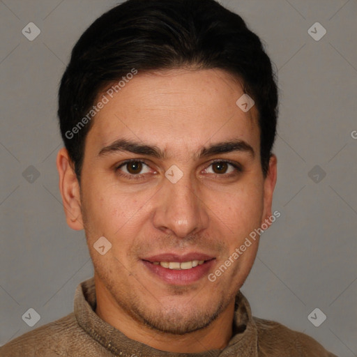 Joyful white young-adult male with short  brown hair and brown eyes