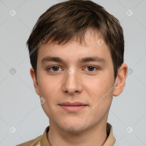 Neutral white young-adult male with short  brown hair and brown eyes