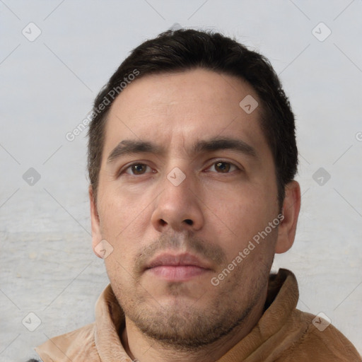 Neutral white adult male with short  brown hair and brown eyes