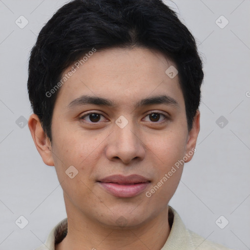 Joyful asian young-adult male with short  brown hair and brown eyes