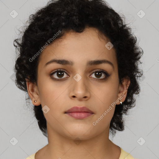 Neutral latino young-adult female with short  brown hair and brown eyes