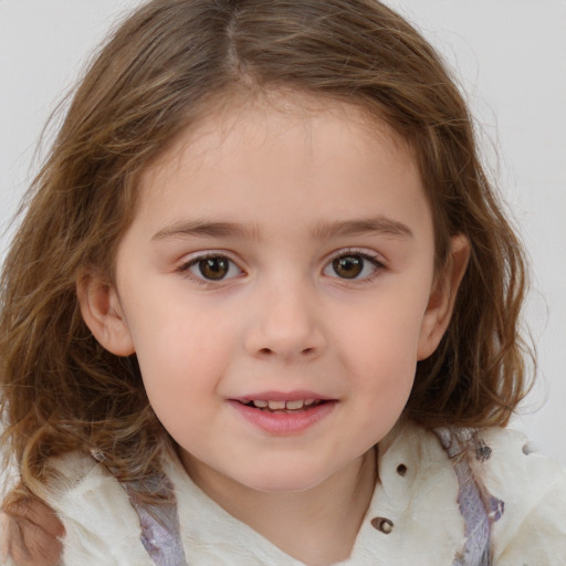 Joyful white child female with medium  brown hair and grey eyes