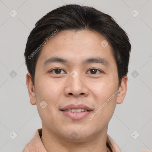 Joyful white young-adult male with short  brown hair and brown eyes