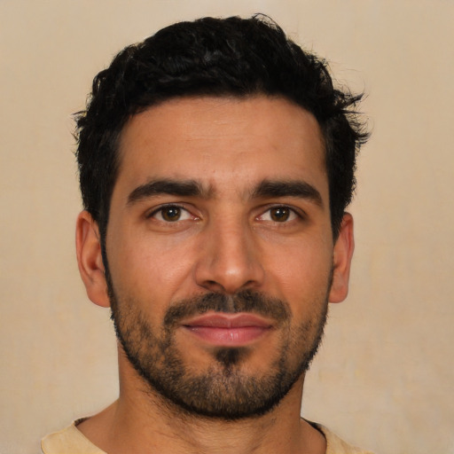 Neutral latino young-adult male with short  black hair and brown eyes