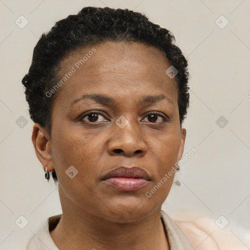 Neutral black adult female with short  brown hair and brown eyes