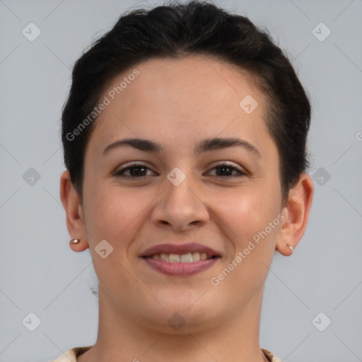 Joyful white young-adult female with short  brown hair and brown eyes