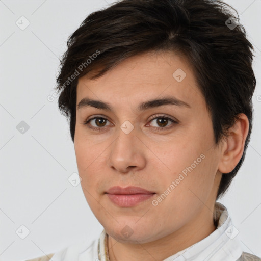 Joyful white young-adult female with short  brown hair and brown eyes