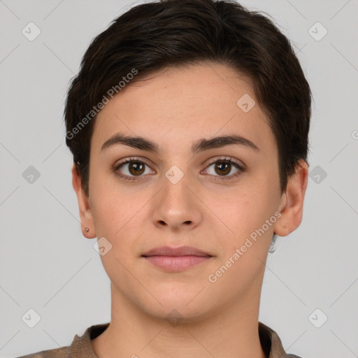 Neutral white young-adult female with short  brown hair and brown eyes