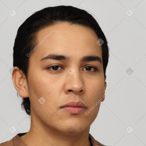 Neutral asian young-adult male with short  black hair and brown eyes