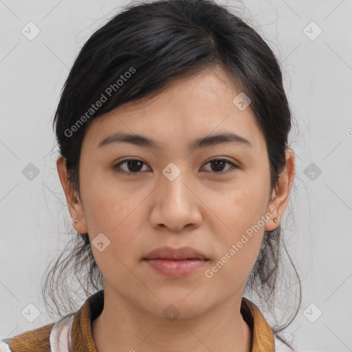 Neutral asian young-adult female with medium  brown hair and brown eyes