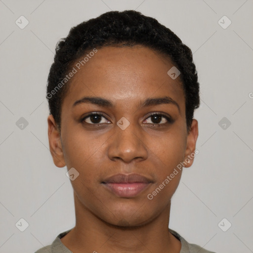 Neutral black young-adult female with short  black hair and brown eyes