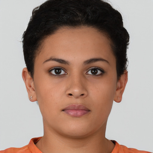 Neutral latino young-adult female with short  brown hair and brown eyes