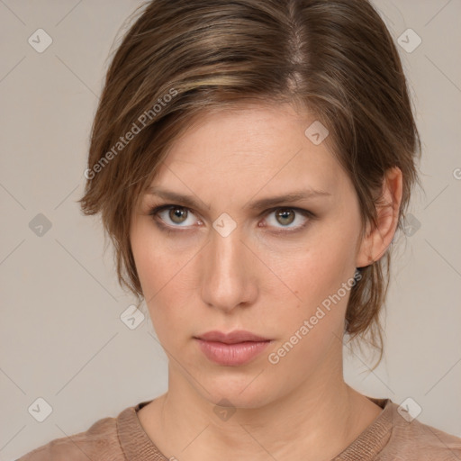 Neutral white young-adult female with medium  brown hair and brown eyes