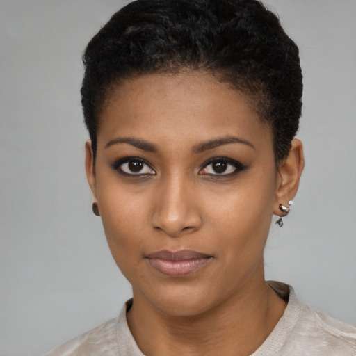 Neutral black young-adult female with short  brown hair and brown eyes