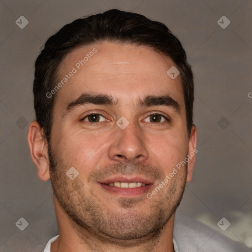 Joyful white adult male with short  brown hair and brown eyes