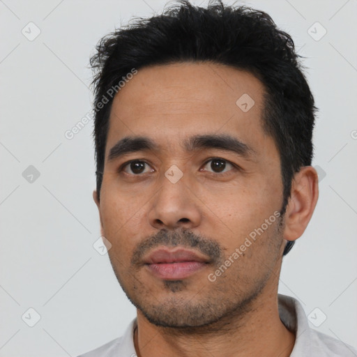 Neutral asian young-adult male with short  black hair and brown eyes