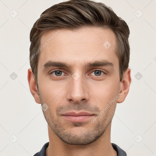 Neutral white young-adult male with short  brown hair and brown eyes