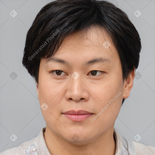 Joyful asian young-adult female with short  brown hair and brown eyes