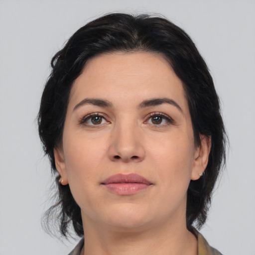 Neutral white young-adult female with medium  black hair and brown eyes