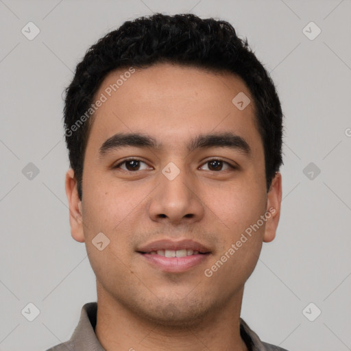 Neutral latino young-adult male with short  black hair and brown eyes