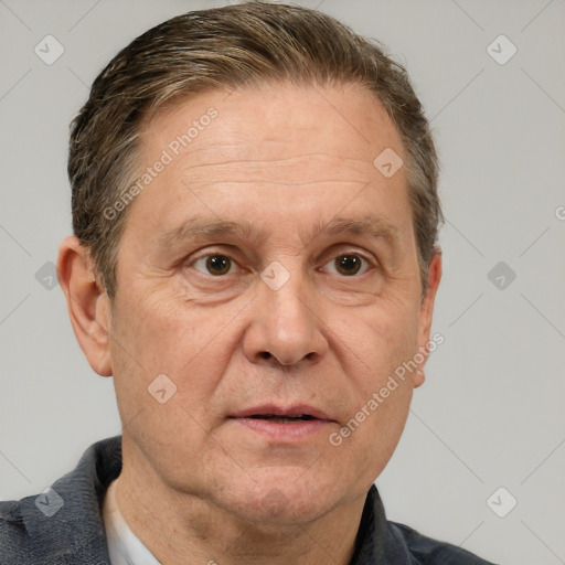 Neutral white middle-aged male with short  brown hair and brown eyes