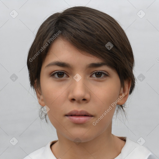 Neutral white young-adult female with medium  brown hair and brown eyes