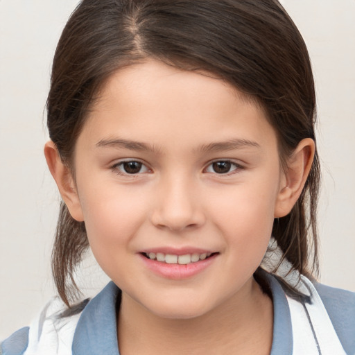 Joyful white child female with medium  brown hair and brown eyes