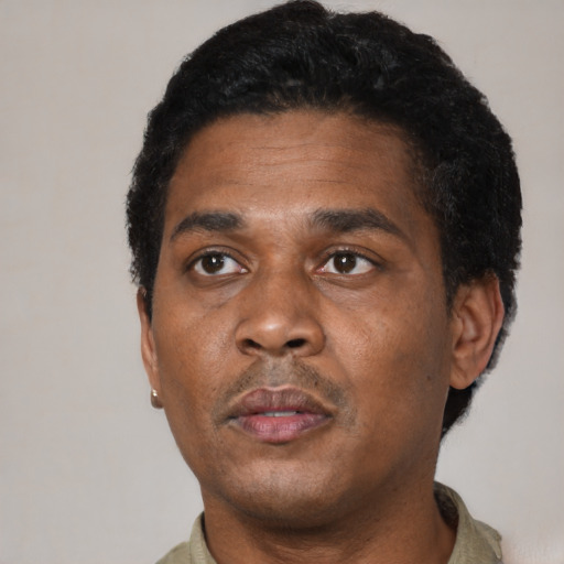 Neutral black adult male with short  black hair and brown eyes