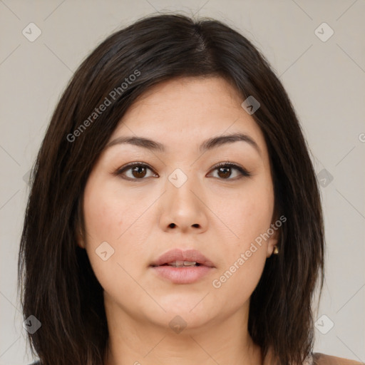 Neutral asian young-adult female with medium  brown hair and brown eyes