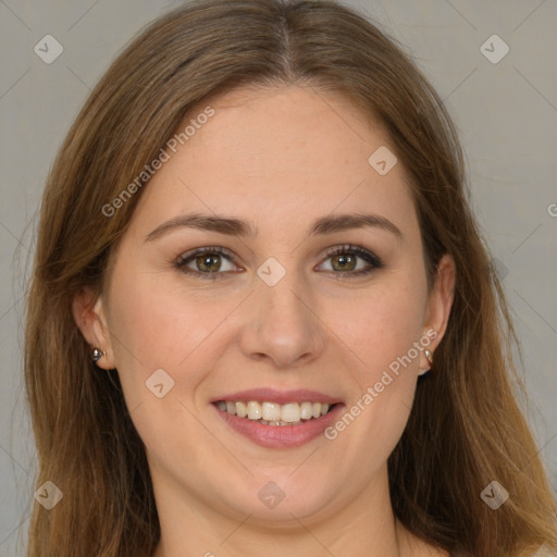 Joyful white young-adult female with long  brown hair and green eyes