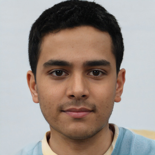 Neutral asian young-adult male with short  black hair and brown eyes
