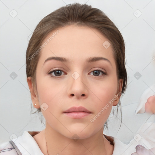 Neutral white young-adult female with medium  brown hair and brown eyes