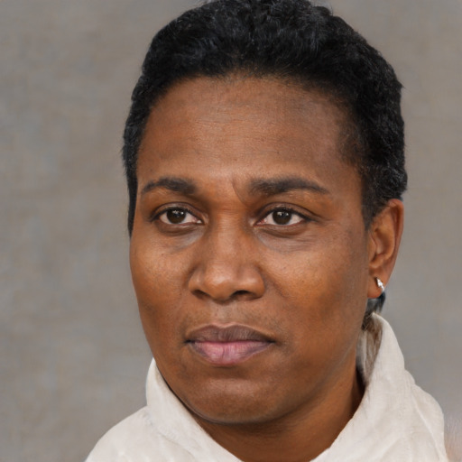 Neutral black adult female with short  black hair and brown eyes