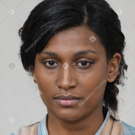 Neutral asian young-adult female with medium  black hair and brown eyes