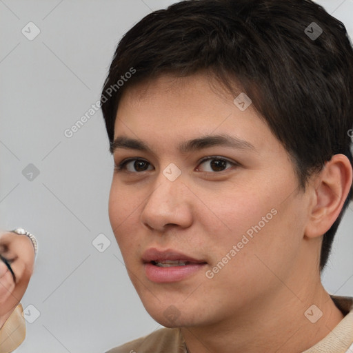 Neutral white young-adult female with short  brown hair and brown eyes